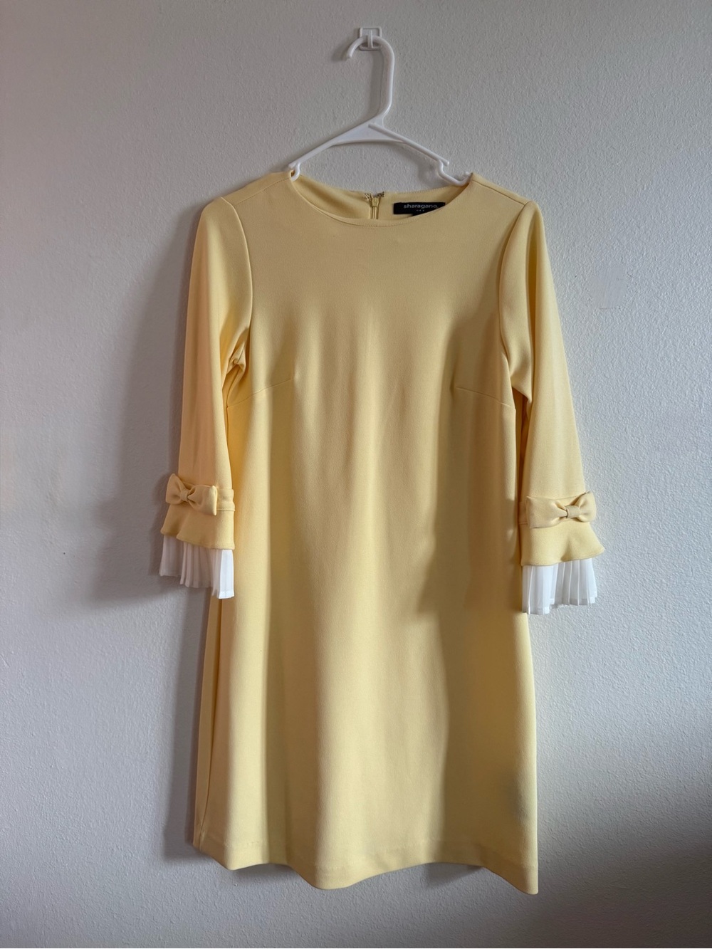 Sharagano Pale Yellow Long Sleeve Bow-Cuff Dress